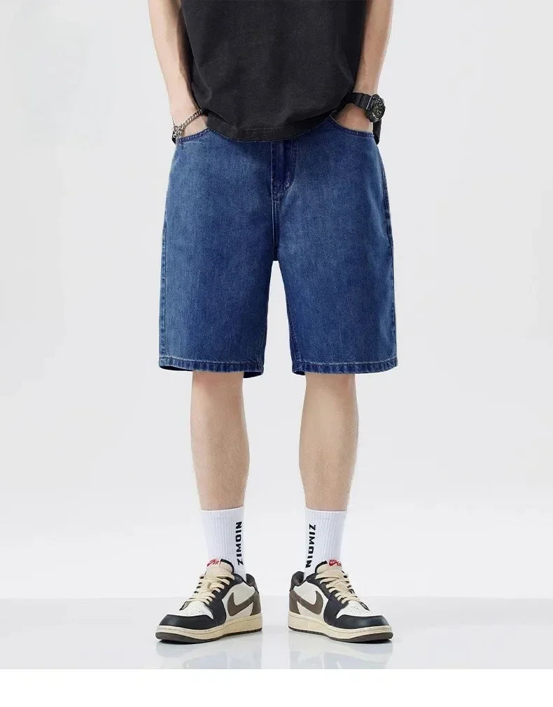 2025 Summer Classic Shorts Jeans Men Denim Pants Straight Stretch Casual Cool Thin Knee Length Blue Fashion Brand Daily Trousers