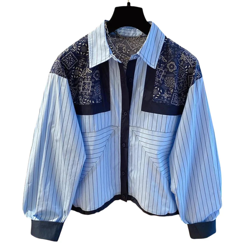 Chic Design Striped Long Sleeved Shirt Spring Autumn New Casual Retro Loose Shirts Versatile Women Fashion Tops