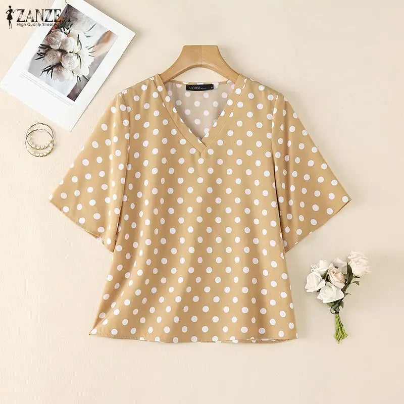 ZANZEA Elegant Woman Polka Dot Blouses Vintage V-Neck Half Bell Sleeves Loose Tops 2026 Summer Vacation Casual Blusas de Mujer