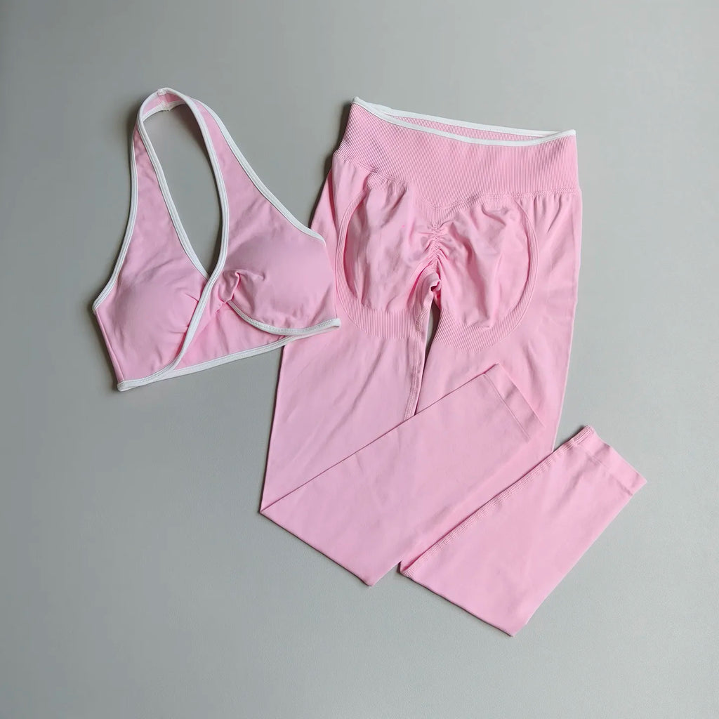 Seamless Yoga Suit Set with Peach Butt Halter Neck Push-Up Sports Bra High Waist Leggings Hip Lifting Control Fitness Outfit