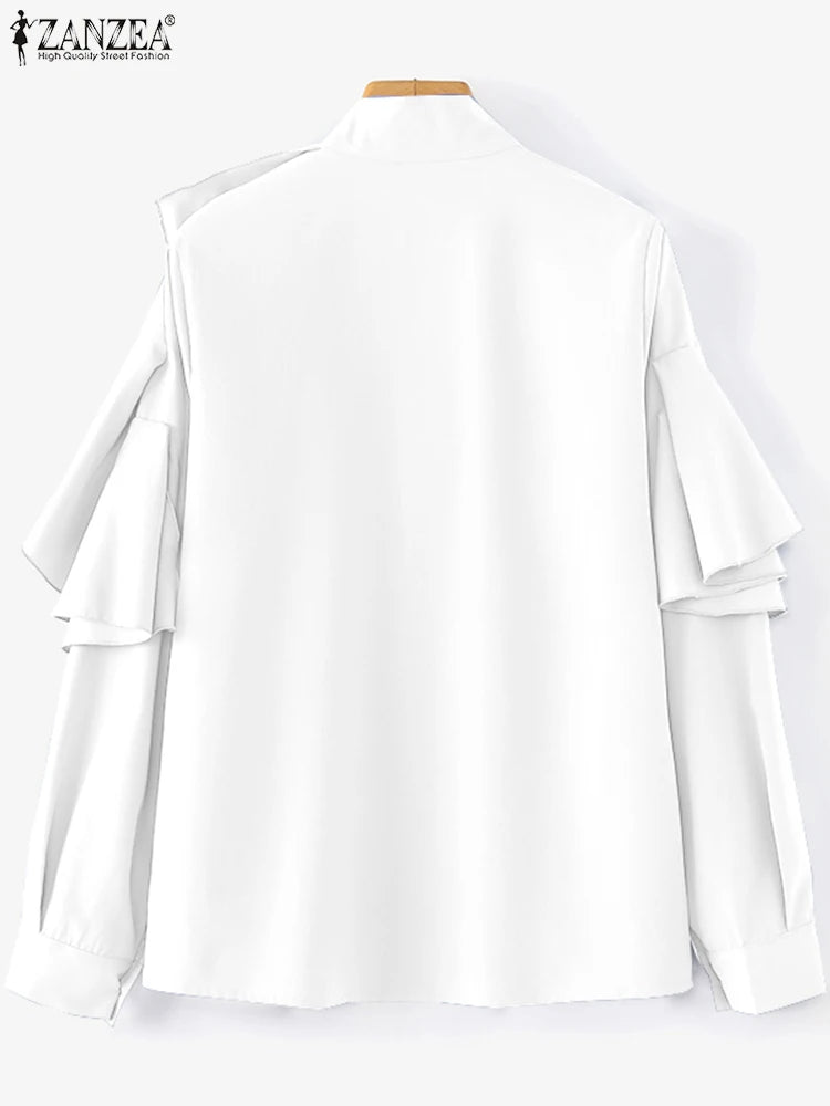 ZANZEA Vintage Solid Office Blouse Women Ruffled Stitching Street Shirts Spring 3D Long Sleeve Tops Casual Loose Buttons Tunics