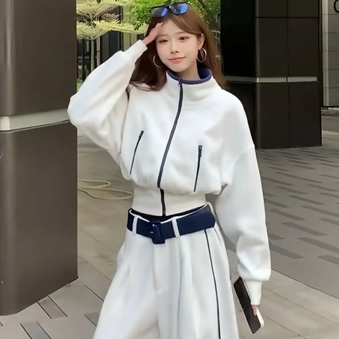 Korean Style Fashionable Set Women's Autumn Winter Design Collar Top Wide Leg Pants Two Piece Set Casual High Waist Polyester...
