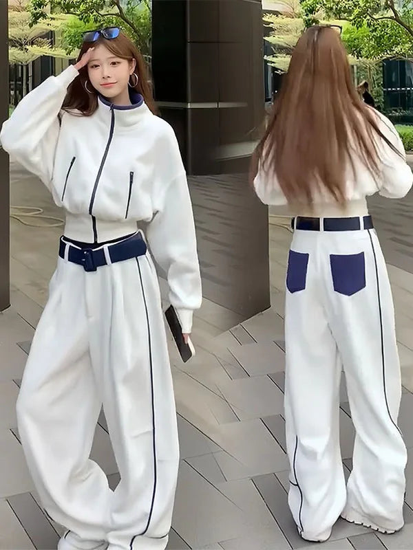 Korean Style Fashionable Set Women's Autumn Winter Design Collar Top Wide Leg Pants Two Piece Set Casual High Waist Polyester...