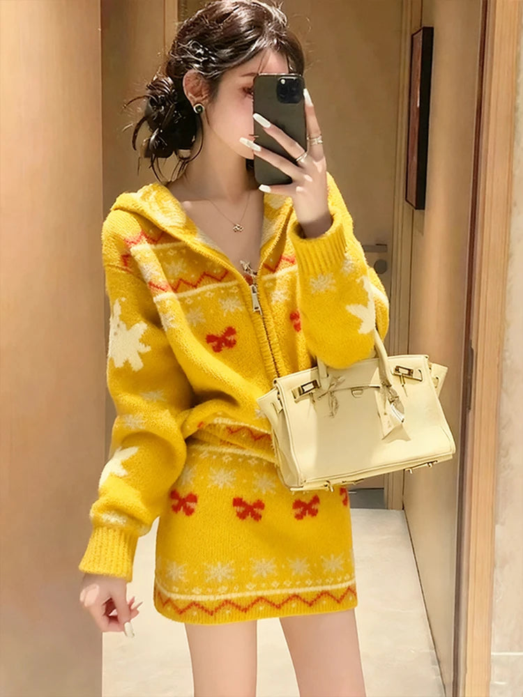2026 New Yellow Knitted Set Women's Fashion Korean Style Long Sleeve Top And Half Skirt Two-Piece Suit Autumn Winter Ensemble