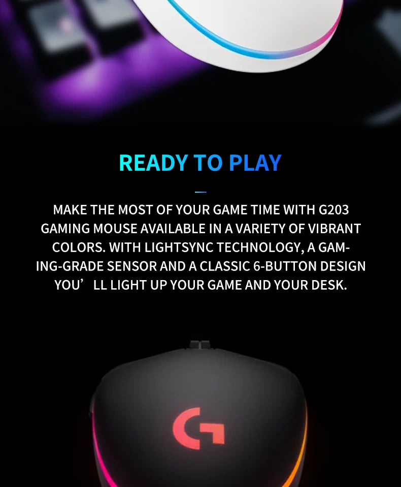 The G102/G203 with LIGHTSYNC lighting effect, featuring a resolution of 8000 DPI, offers smooth and responsive gaming experience