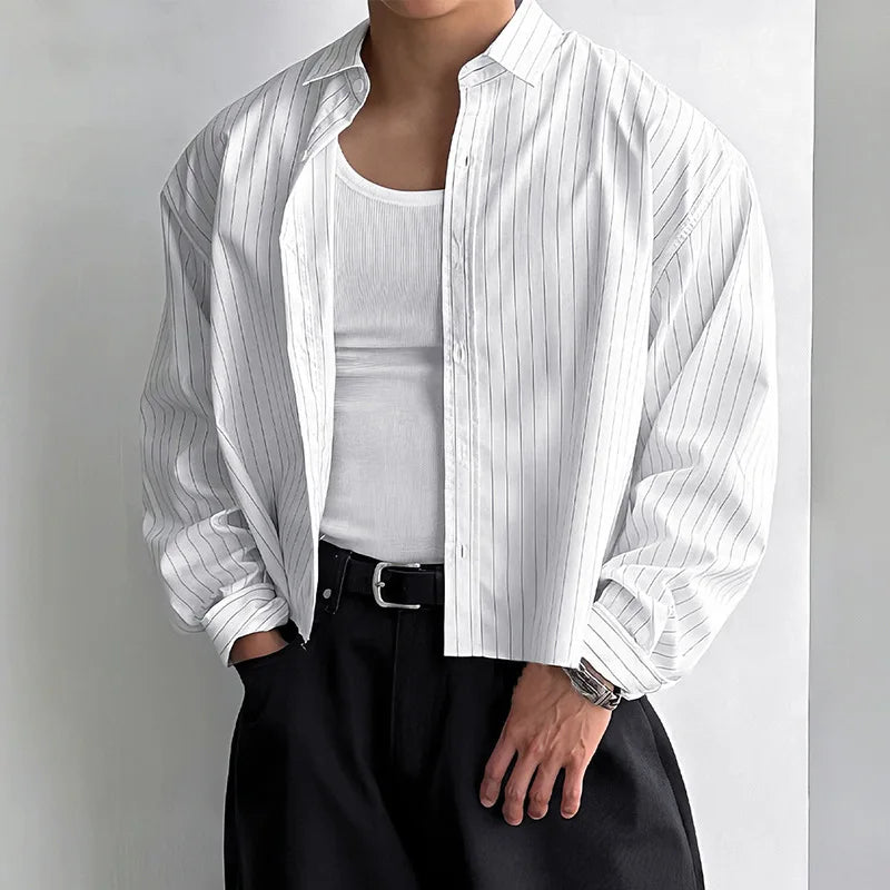 New British Retro Men Striped Shirts Trendy Loose Lapel Long Sleeve Cardigan Tops Autumn Leisure High Quality Basic Blouse S-2XL
