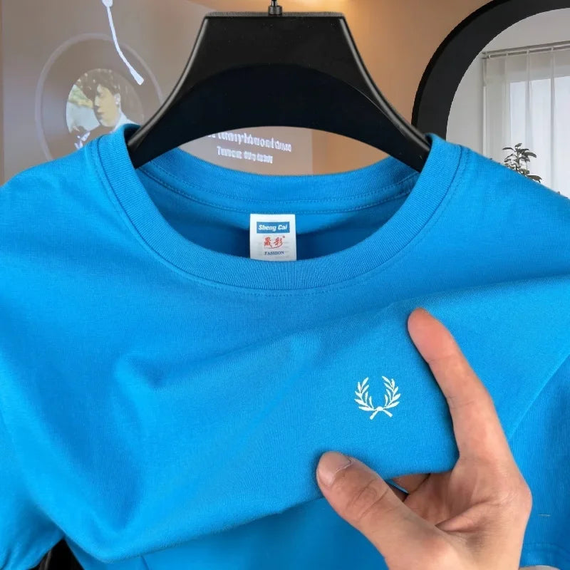 100% pure cotton high-end brand men's round neck short sleeved top summer fashion luxury wheat embroidery design casual T-shirt