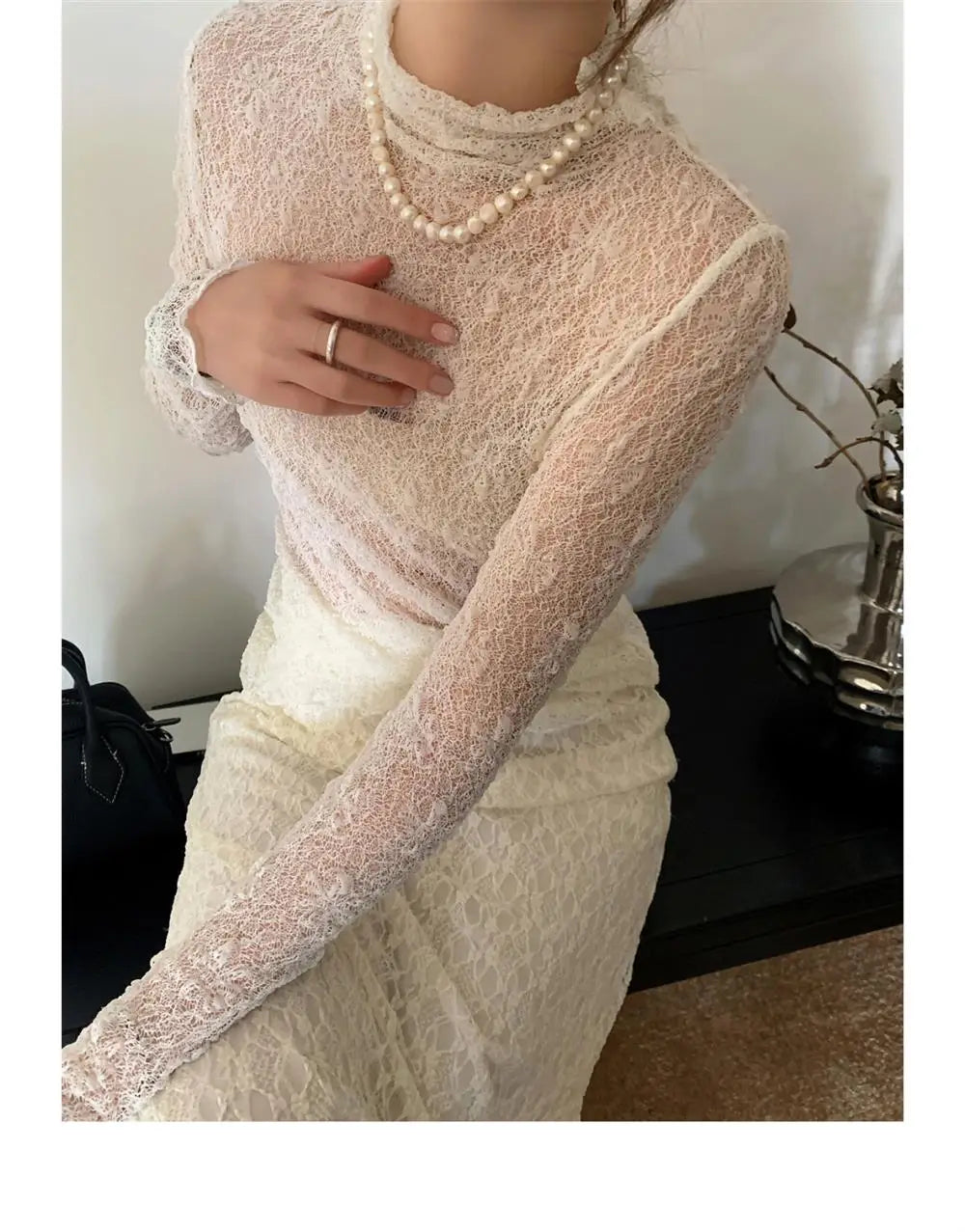 Sexy Lace Shirt Half High Collar Mesh Thin Long Sleeve Floral Embroidery Slim Fit Top Transparent Design Fashionable Spring 2024