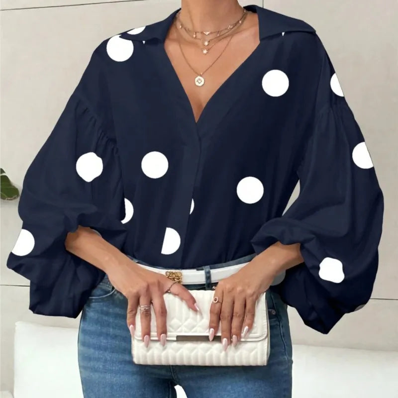 Boho Women's Blouses Spring Fall New Fashion French Polka Dot Half-neck Design Loose Puff Long-sleeve Top Casual Shirts Women