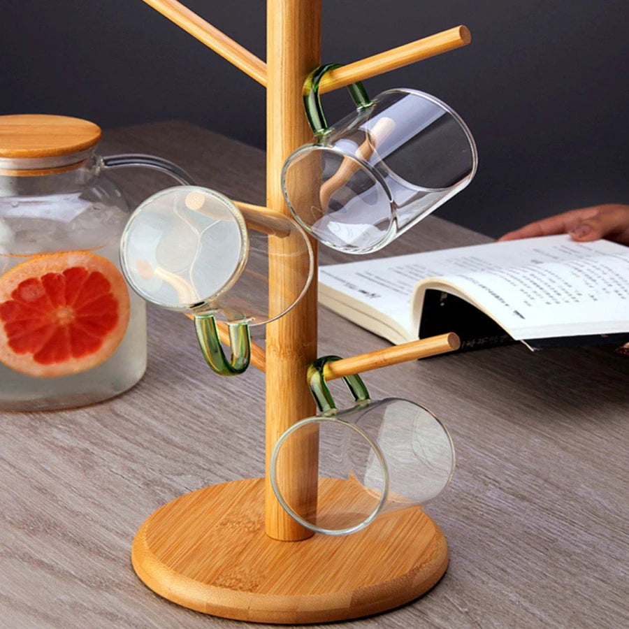 1PCS Multifunctional Bamboo Storage Rack Entryway Key Mug Drainage Shelf Storage Coffee & Tea Cup Holder Glass Mug Hanging Shelf