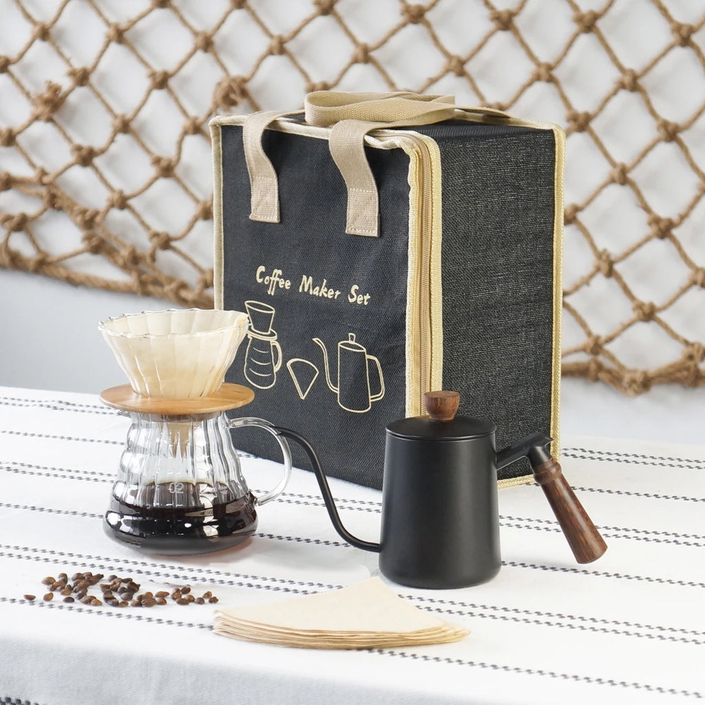 Complete Manual Pour Over Coffee Set V Shape Glass Dripper 600ml Gooseneck Kettle Kit Portable Coffee Travel Bag Barista Gift