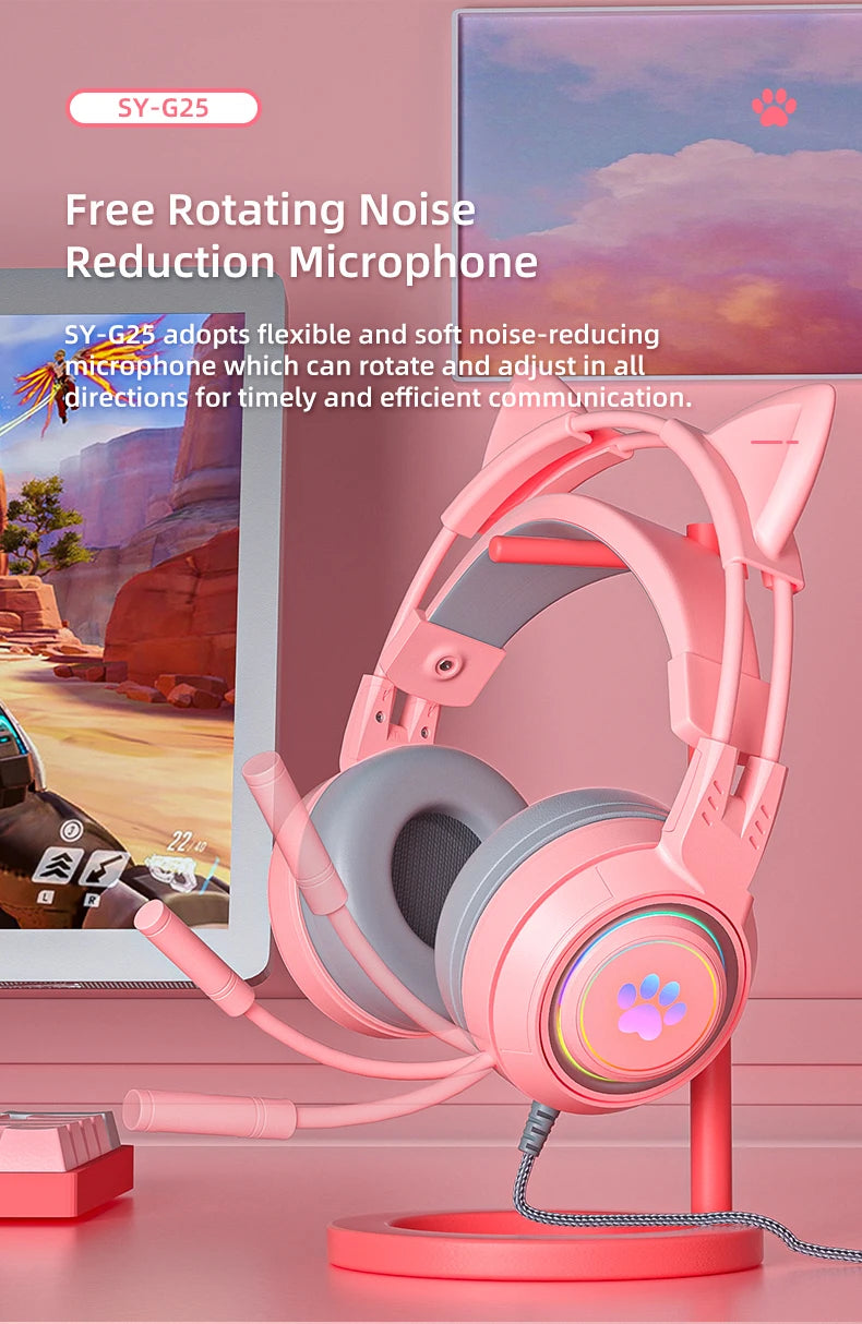 pink Gaming Headset for PC, PS4, PS5, Laptop 3.5mm Noise Reduction with Mic Noise Cancelling, LED Light for Girls, Women