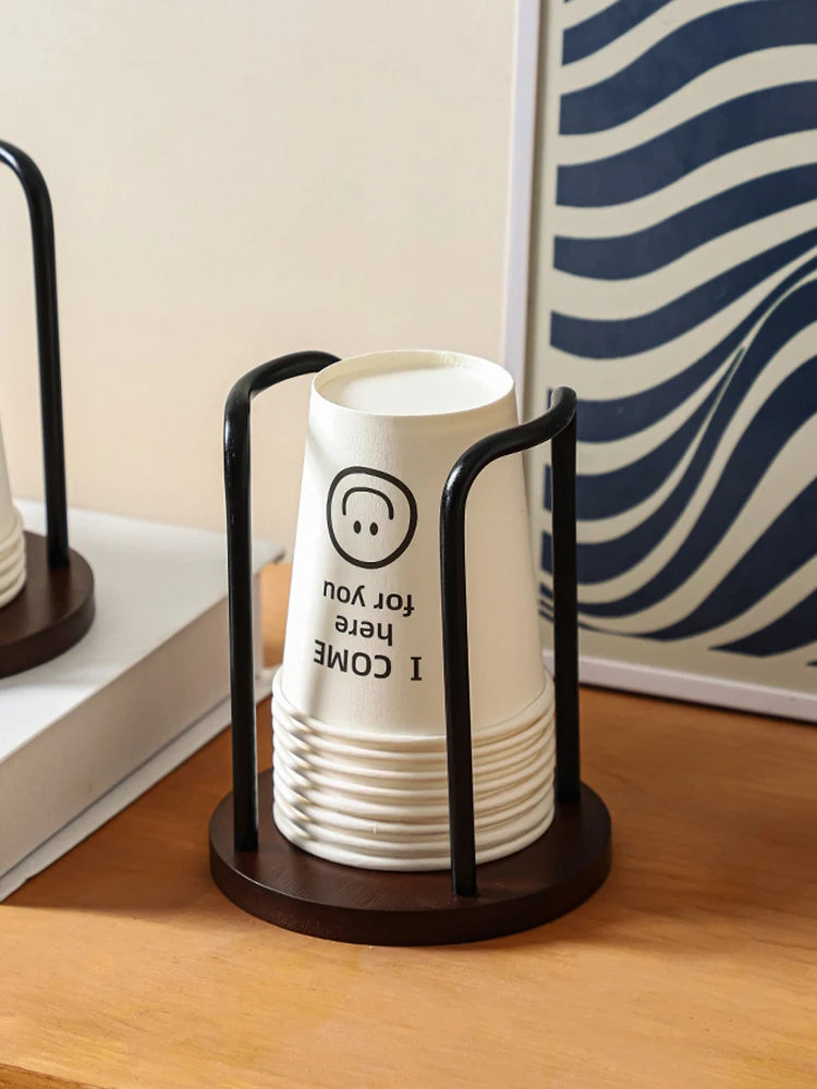 Wooden Disposable Cup Dispenser with Long Stick Tea Water Cup Storage Holder Rack Shelf Mug Display Stand Organizer for Home