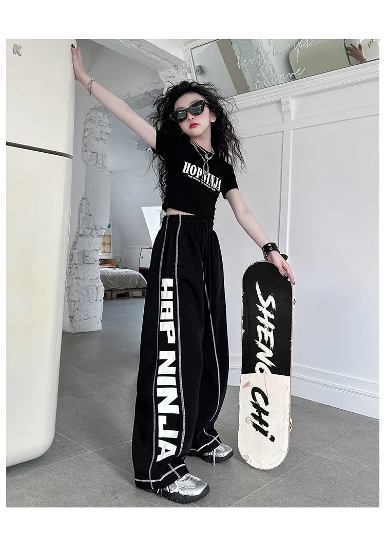 Summer teen girl Hip Hop Jazz Street Dance Costume Suit Cool Print Hollow Short T-shirt+Casual Sports Pants Set Child Outfits