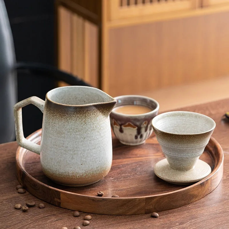 Retro coarse pottery coffee pot drip brewing set gradual change manual filter cup V60 hand brewing coffee set