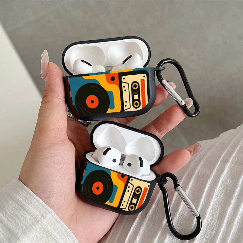 Trendy Retro Music Pattern Earbuds Case For AirPods 4/3/2/1 Case For AirPods Pro 3/Pro 2/Pro TPU Protective Cover with Keychain