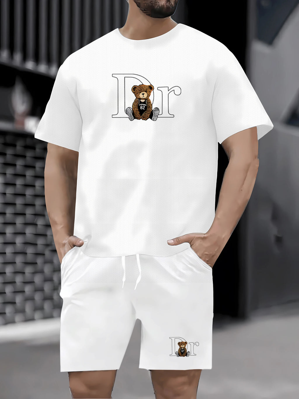 Hot selling summer new men's casual sports suit fashionable teddy bear printed T-shirt shorts 2-piece set summer men's clothing