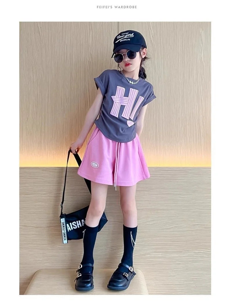 New Girls Short Sleeve Sets Summer Letter T-Shirt Tops+Shorts 2Pcs Suits Kids Clothes Sport Casual Straight Outfits 3-12 Years