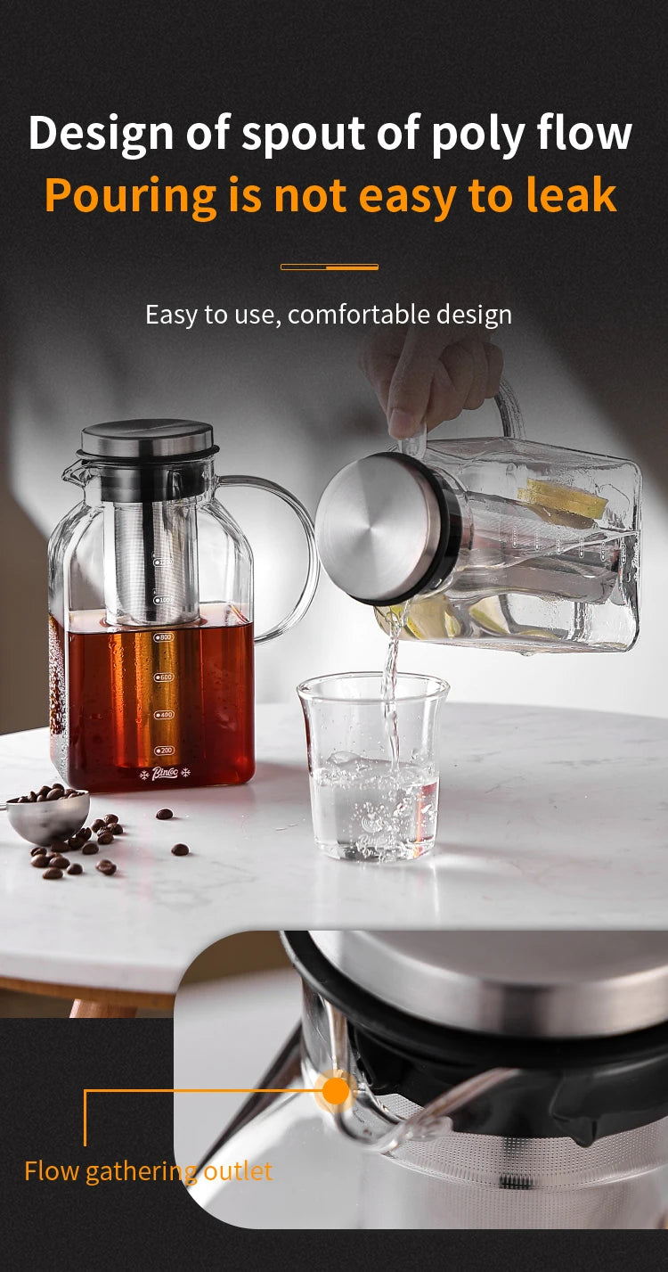 Bincoo 1200ML Glass Cold Brew Coffee Pot with double-layer Filter Cups Water Bottle Extracted Espresso Coffee Maker Juice Kettle