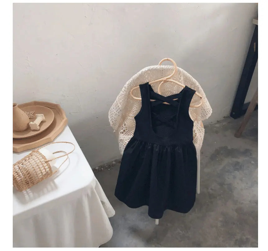 2024 Summer Girls Elegant Goth Dresss Black Sleeveless Tutu Dress Backless Off Shoulder Party Kid Dresses 2 3 4 5 6 8 Years Old