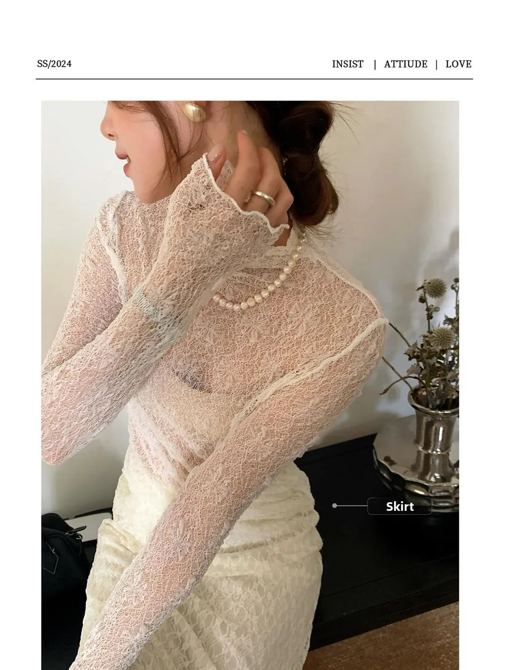 Sexy Lace Shirt Half High Collar Mesh Thin Long Sleeve Floral Embroidery Slim Fit Top Transparent Design Fashionable Spring 2024