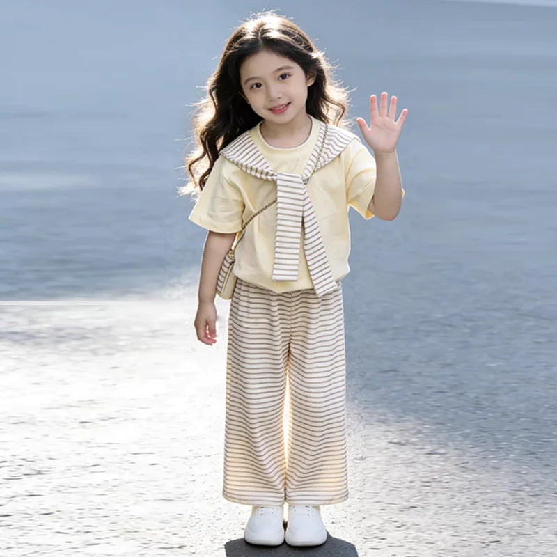 New Girls Summer Sets Children Casual Printed T-Shirt Suit Kids Short-Sleeve Top+Shorts Pcs Outfits Teenager Fashion Clothes