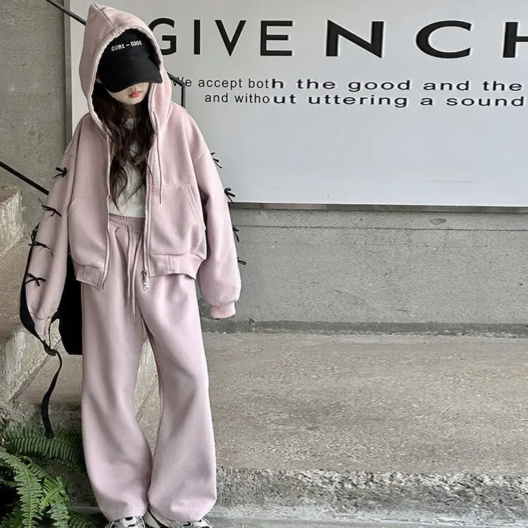 2026 casual spring winter girl cloth bow loose striped heart sweatshirt + wide leg pant teens children set 4 8 10 12 14 15 year