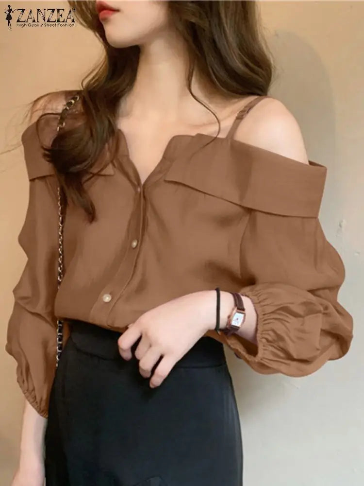 ZANZEA 2025 Fashion Shirts Women Sexy Off Shoulder Blouse Summer Casual Straps Button Tops Long Sleeve Pleated Solid Loose Tunic