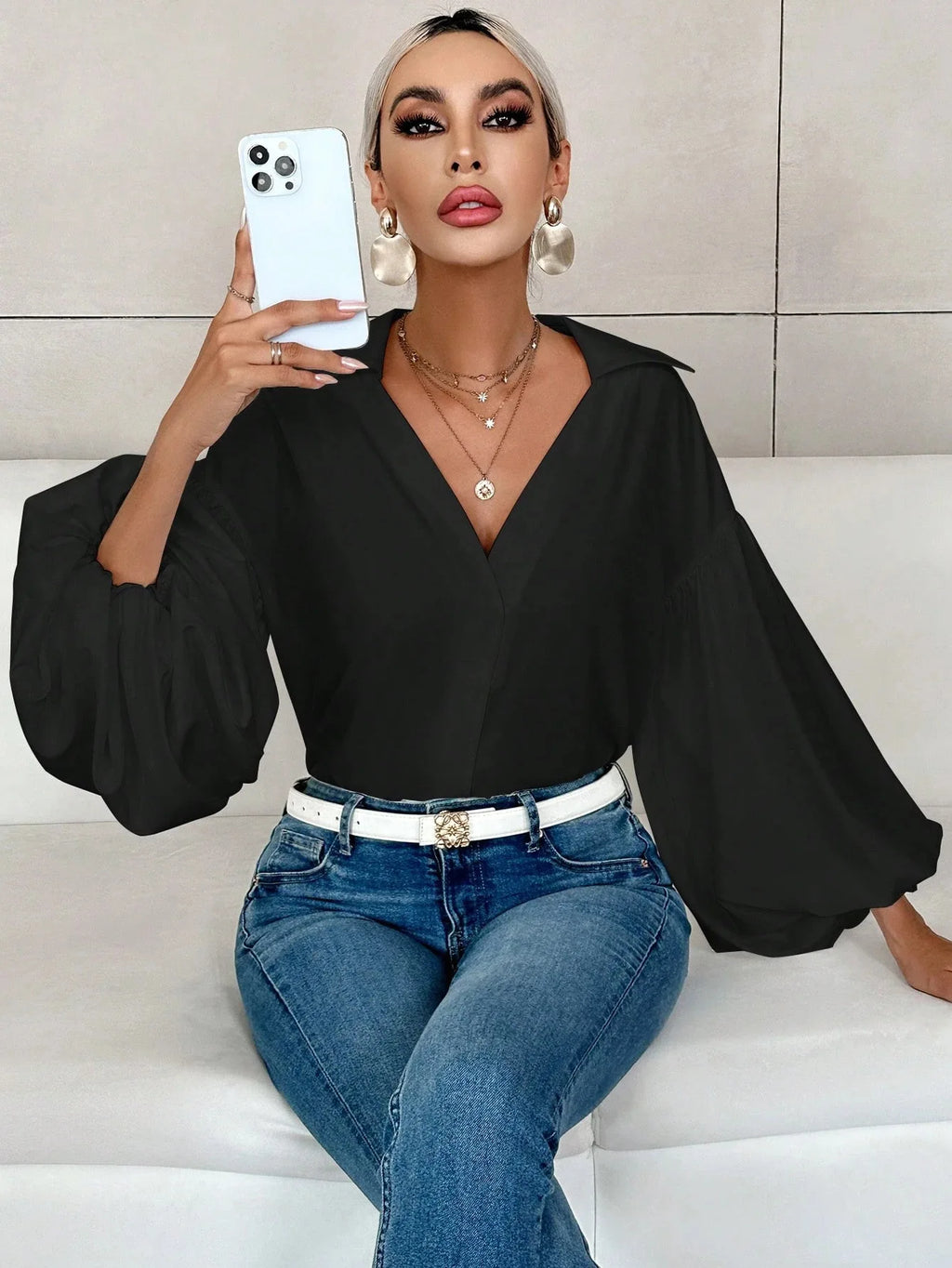 Boho Women's Blouses Spring Fall New Fashion French Polka Dot Half-neck Design Loose Puff Long-sleeve Top Casual Shirts Women
