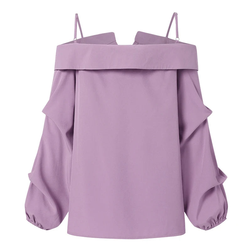 ZANZEA 2025 Fashion Shirts Women Sexy Off Shoulder Blouse Summer Casual Straps Button Tops Long Sleeve Pleated Solid Loose Tunic