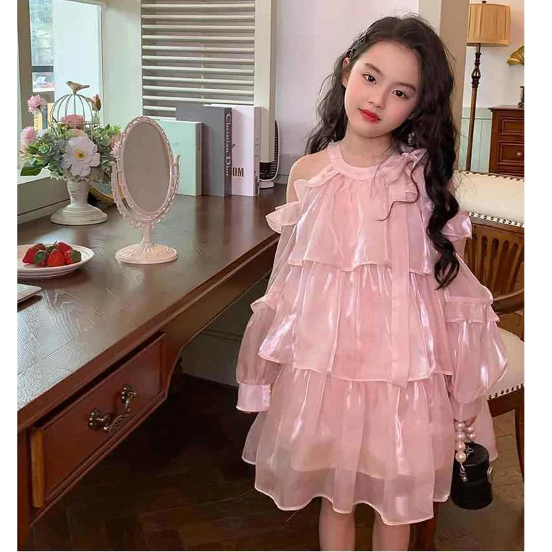 2025 Summer New Girls Dress Pink Off Shoulder Long Sleeve Halterneck Princess Dress For 2-10 Years Teen Girls Grace Fashion Dres