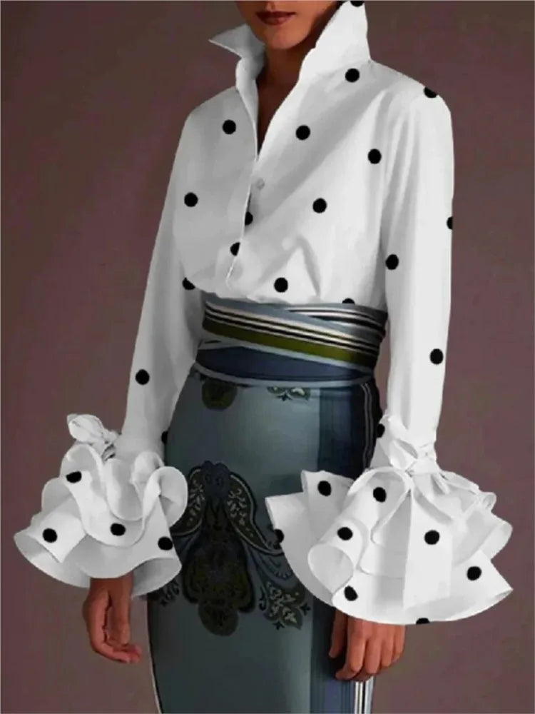shirts & blouses Women Elegant Flared Sleeves Falbala Blouses Tops Spring Autumn  Casual Solid Office Lapel Buttons Shirts Tops
