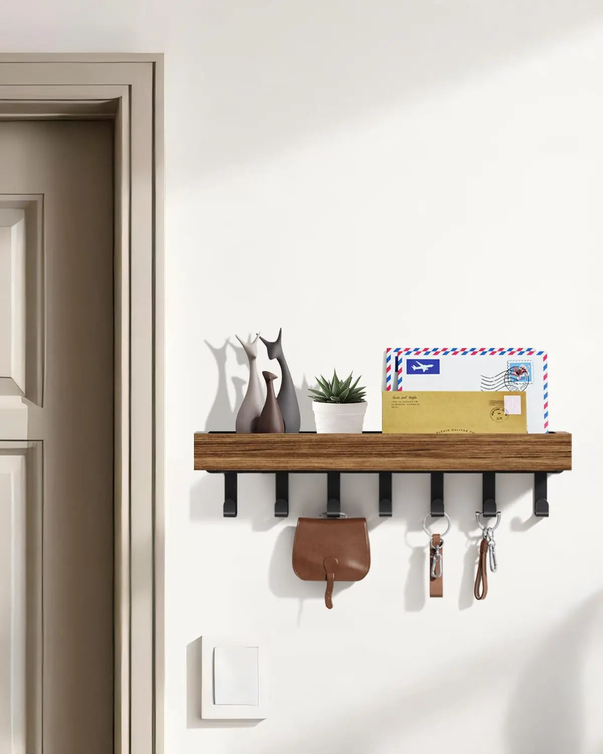 Rustic Wooden Floating Shelf with 6 Hooks Shower Caddy and Key Holder Nordic Style Storage Organizer for Home Bedroom Bathroom