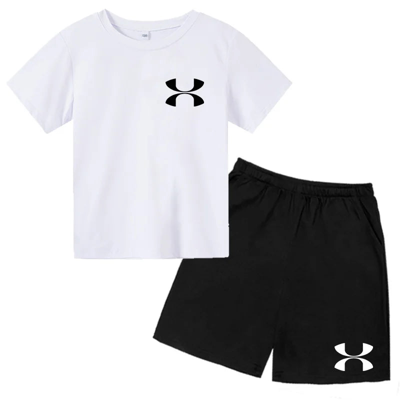 Kids Brand T-shirt Summer Clothes Letters Round Neck Fashion Short-sleeved+Shorts Two-piece Set Boy Girl 3-12Y Casual Sports Set