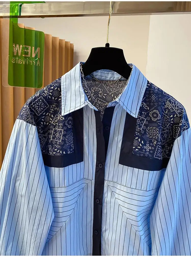 Chic Design Striped Long Sleeved Shirt Spring Autumn New Casual Retro Loose Shirts Versatile Women Fashion Tops