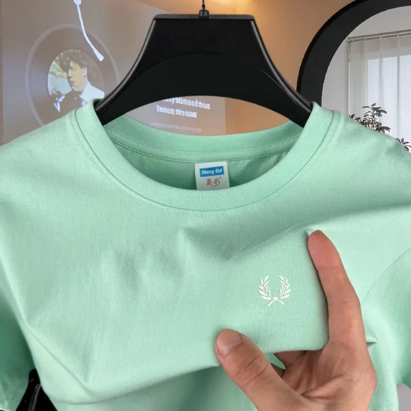 100% pure cotton high-end brand men's round neck short sleeved top summer fashion luxury wheat embroidery design casual T-shirt