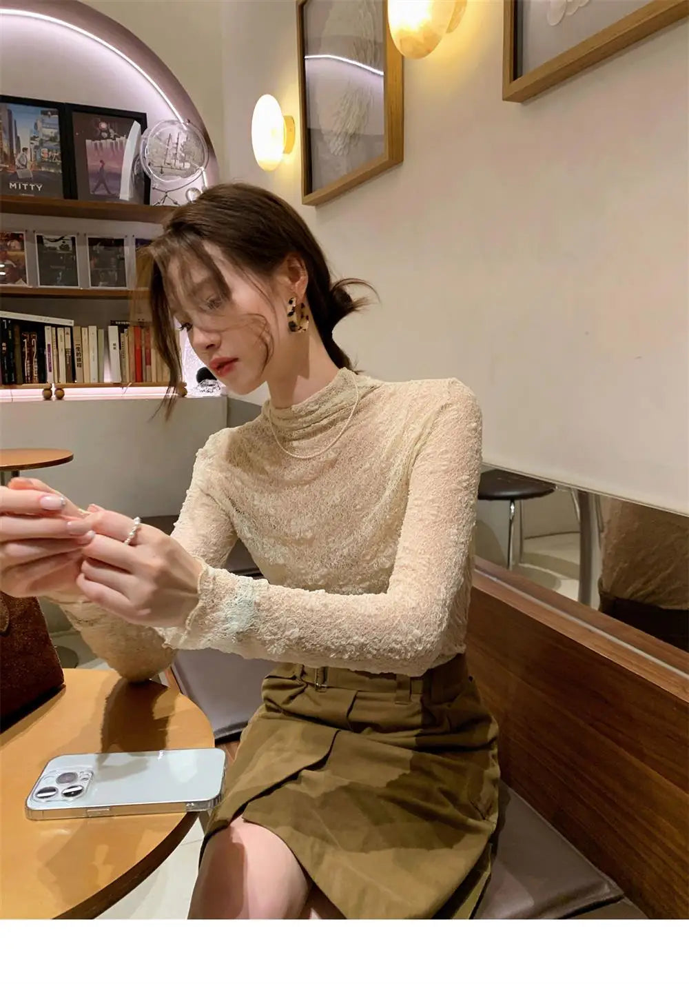 Sexy Lace Shirt Half High Collar Mesh Thin Long Sleeve Floral Embroidery Slim Fit Top Transparent Design Fashionable Spring 2024