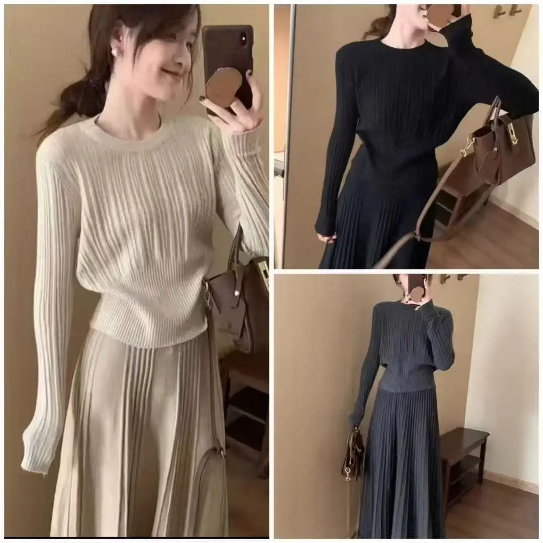 Korean Style High Waist Knitted round Neck Striped Top And Skirt Two Piece Set Women's Fashion Autumn Winter Collection