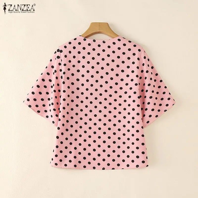 ZANZEA Elegant Woman Polka Dot Blouses Vintage V-Neck Half Bell Sleeves Loose Tops 2026 Summer Vacation Casual Blusas de Mujer