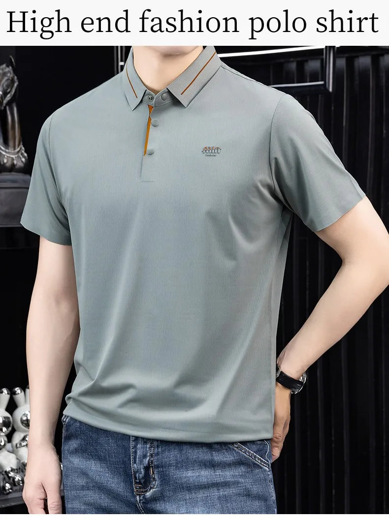 Luxury brand ice silk short sleeve polo shirt men's summer fashion letter embossed comfort breathable leisure high-end T-shirt