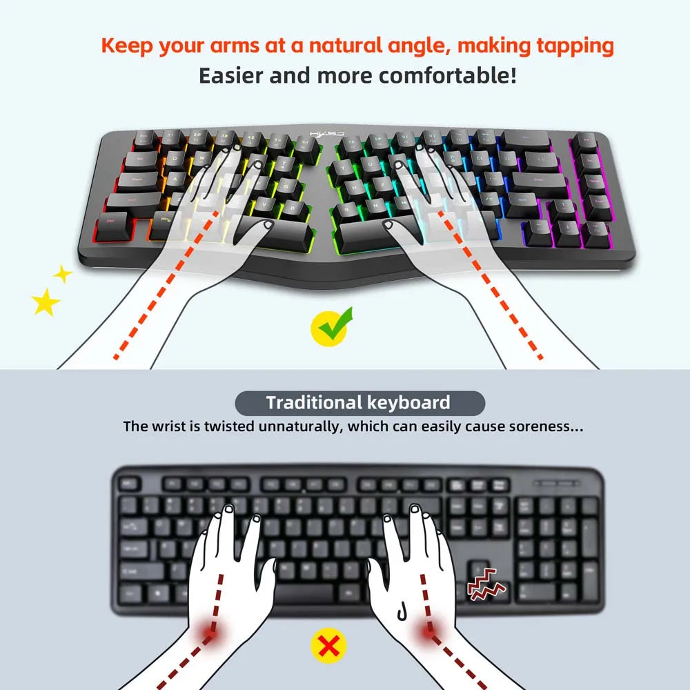 69 Keys Gaming Keyboard Creative Wave Shape Ergonimic Keyboard Office Relax Hand Wrist RGB Colorful Light Type C Wired Keyboard
