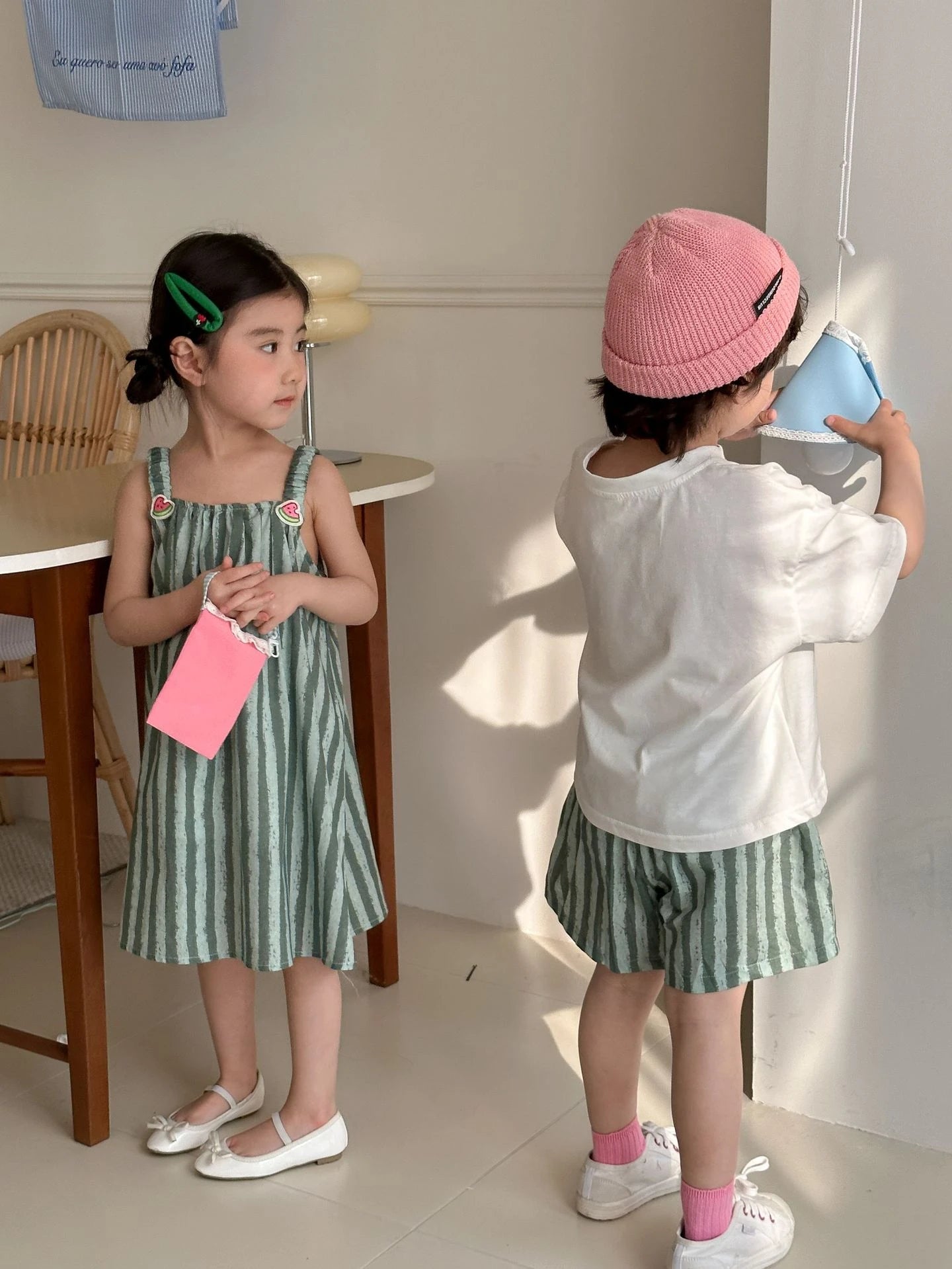 Children Clothes 2025 Summer New Cotton Stripe Baby Girl Suspender Dress Or Boy's Suit Brother And Sister Clothes