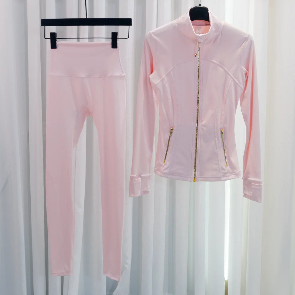Set with a high-end feel, stand-up collar, slim-fit jacket for women, slimming nine-point yoga pants, casual two-piece set
