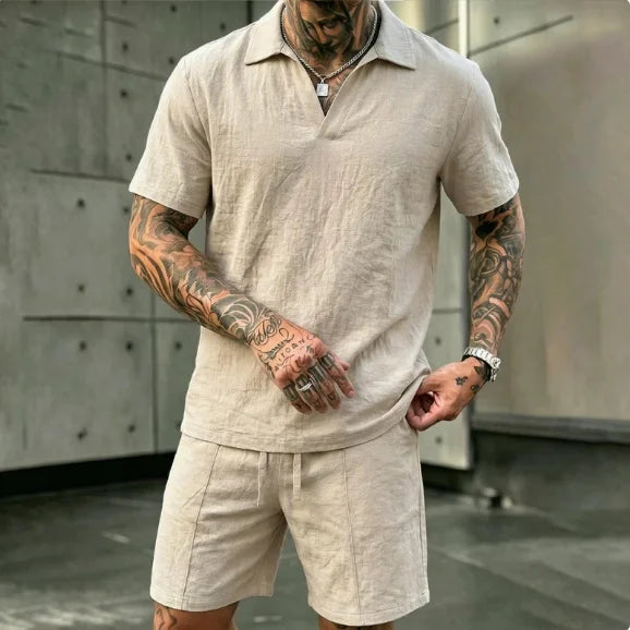 2 Pcs Sets Men's Summer Linen Polo and Shorts Simple Casual Beach Clothing Set Shirts Comfortable Hawaii Wear