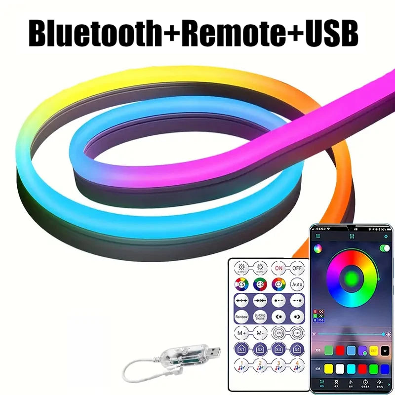 LED Neon Strip RGBIC Gaming Ambient Lighting DC 5V Waterproof  Flexible Ribbon Tape Neon Lights With Bluetooth Music Control