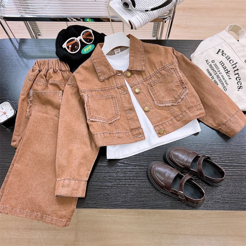 2025 Spring Autumn New Girls Clothing Set Teen Girls Solid Color Denim Jacket+Wide Leg Pants 2Pcs  For 4-12Y Kids Fashion Outfit