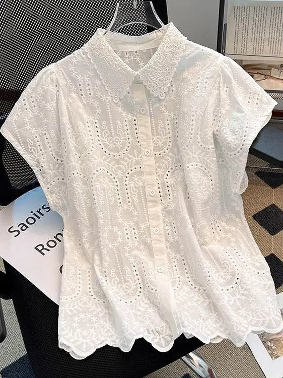 Elegant European Summer 2025 New Design Sense Small Hollow out Embroidery  Collar Top Versatile Match Korean Style Loose Fit