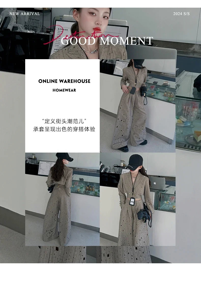 chic teenage girls clothes set Design short suit jacket+Customized ripped wide leg pants 2pcs junior kids suit child outfits 12