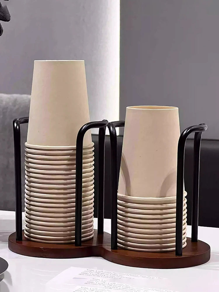 Wooden Disposable Cup Dispenser with Long Stick Tea Water Cup Storage Holder Rack Shelf Mug Display Stand Organizer for Home