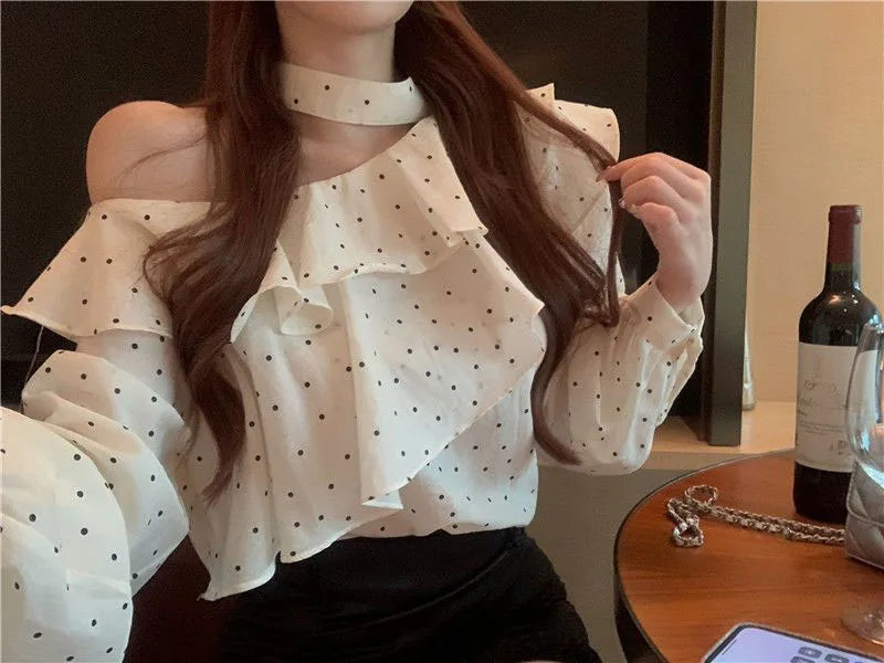 French Style Halter Neck Polka Dot Chiffon Shirts Woman Elegant Off Shoulder Ruffle Blouses Ladies Korean All-Match Trend Blusas